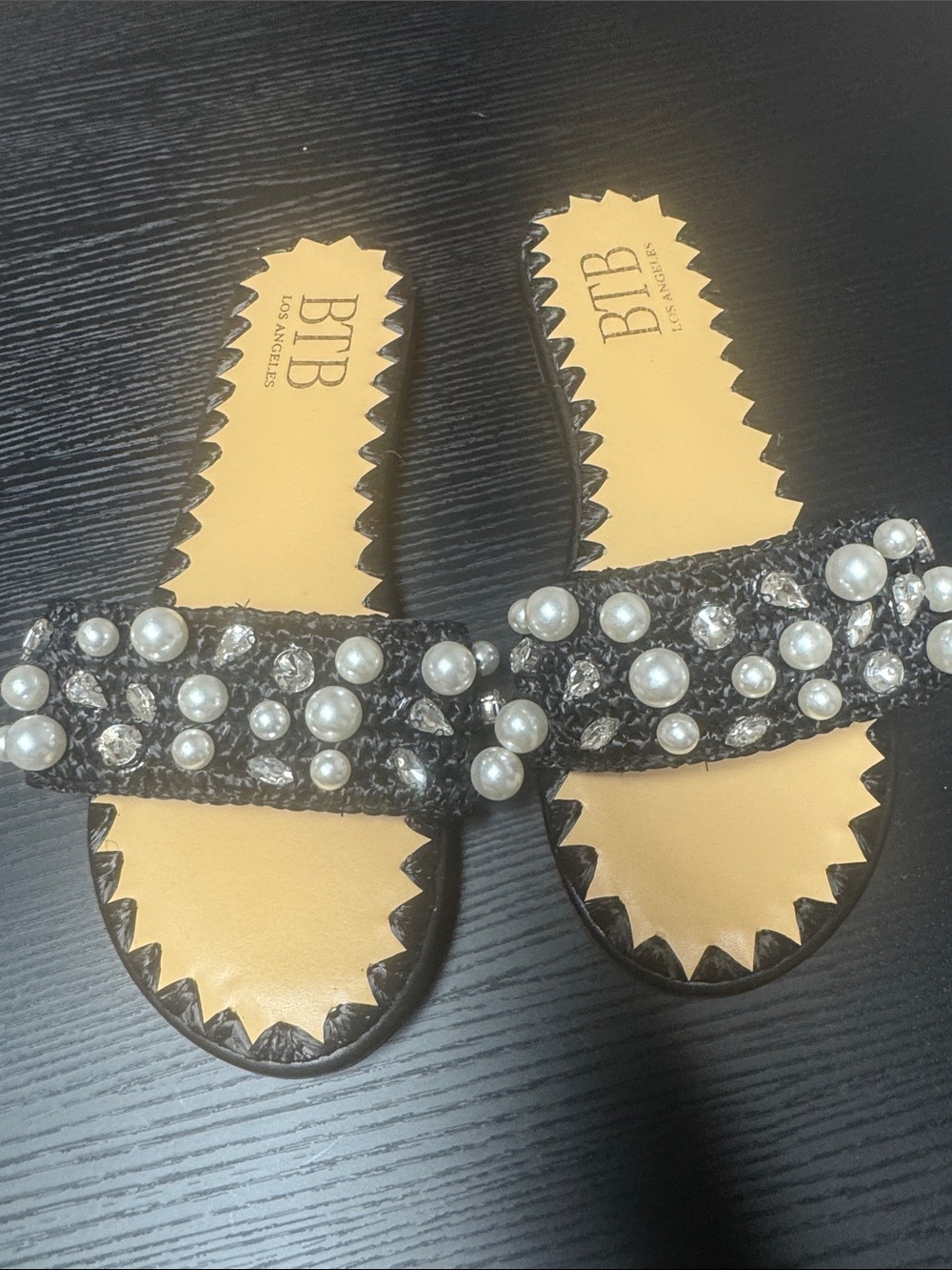 BTB Los Angeles Black Pearl & Crystal Slide Sandals